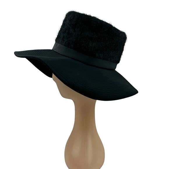 Vintage 1960's Black Wide Brim Hat Boucle Crown Mod Wool Felt Ribbon Bow Glam - Picture 6 of 11